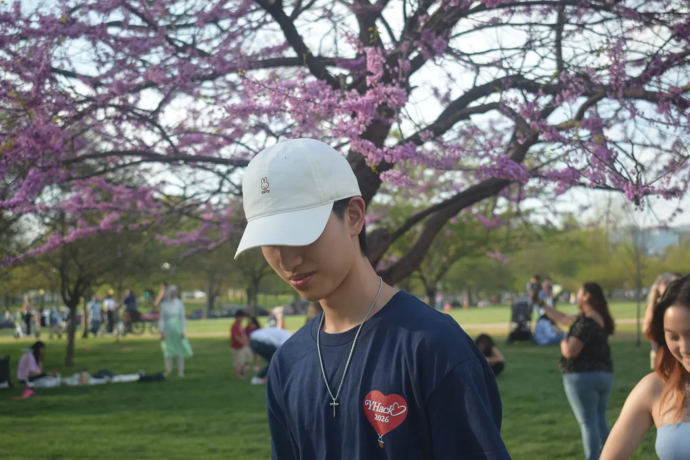 Under a blossoming tree on the lawn