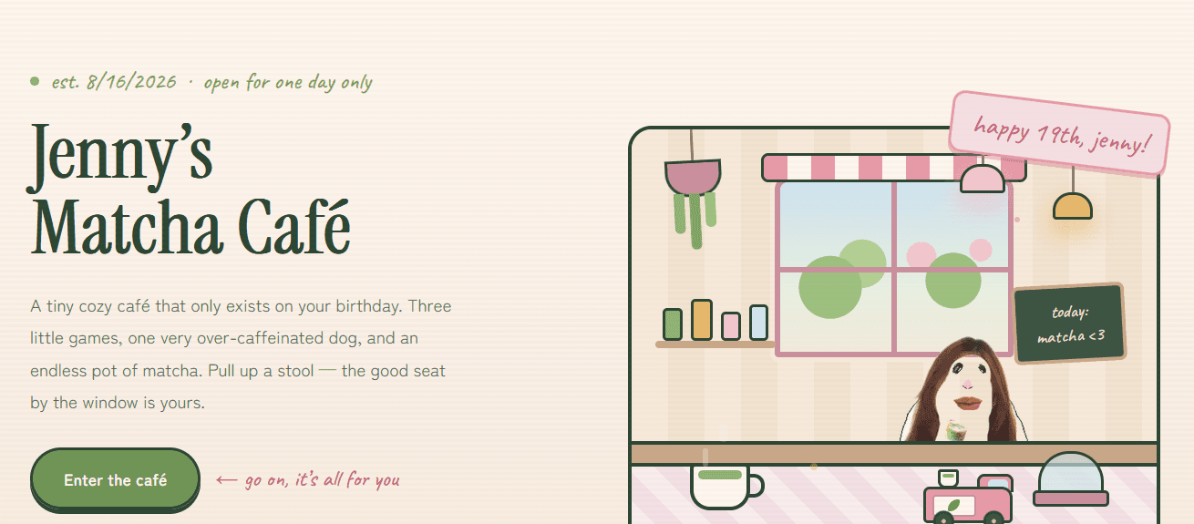 Landing page of Jenny's Matcha Café, an illustrated café storefront