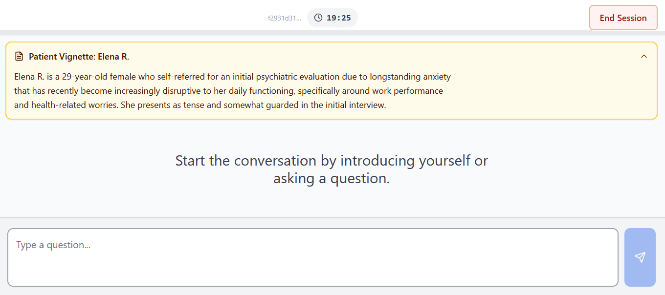 The interview screen: a simulated patient vignette above the question box