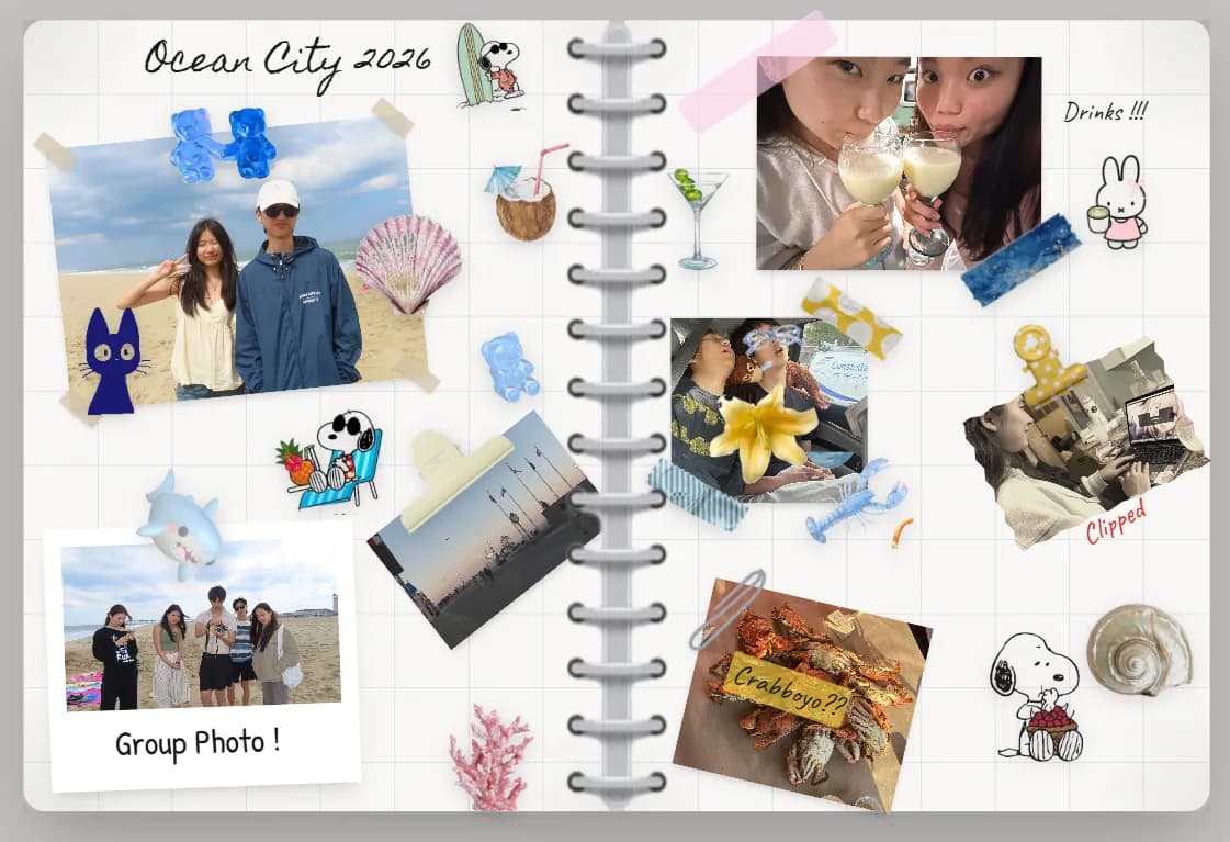 A finished scrapbook page of a beach trip, with taped photos and stickers